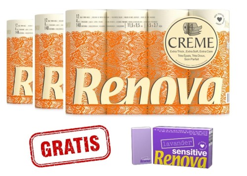 3x Papier toaletowy Renova 4-warstwowy Kremowy 12 szt + gratis