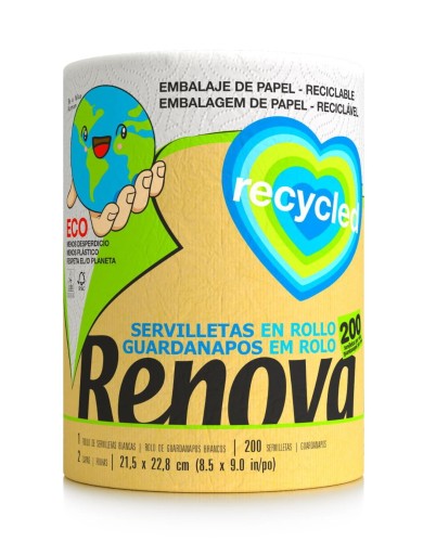 Serwetki Papierowe w Rolce Renova Recycled Białe 21.5 x 22.8 cm 2-warstwy 200 akrkuszy