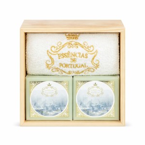 Zestaw 2x mydło oliwkowe ręcznik drewniane opakowanie