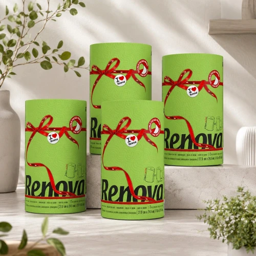 Limonkowy ręcznik papierowy Renova 4 opakowania w aranżacji kuchennej, kolorowy dodatek do wnętrza i praktyczny papier do sprzątania.