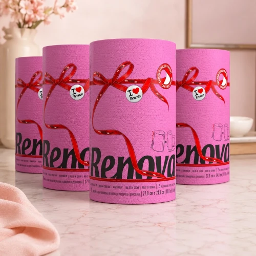 Fuksjowy ręcznik papierowy Renova 4 opakowania w kuchennej aranżacji, dekoracyjny papier do codziennego użytku i wystroju wnętrza.