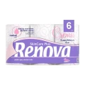 Renova Skin Care Plus Crema w opakowaniu 6 rolek — trzywarstwowy papier toaletowy po 200 listków, z subtelnym różowym wzorem.
