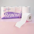 Przyjrzyj się kolekcji Renova Crema: obok paczki 6 rolek widać papier po rozwinięciu, jego jasny odcień i delikatny nadruk.