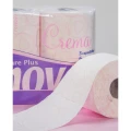 Renova Skin Care Plus Crema z bliska — różowe motywy i drobna faktura papieru toaletowego widoczne obok opakowania wersji 6-rolek.