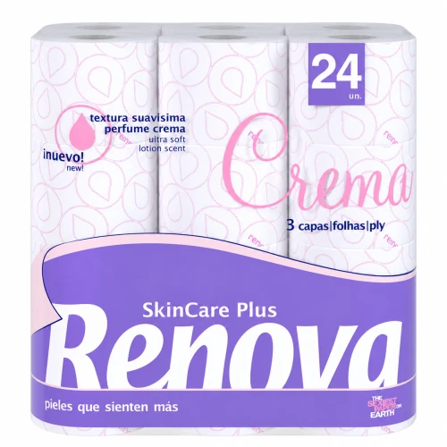 Renova Skin Care Plus Crema 24 rolki — duże opakowanie trzywarstwowego papieru toaletowego po 200 listków, które pozwala uzupełnić domowy zapas.