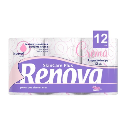 Większy zapas ulubionej kolekcji: Renova Skin Care Plus Crema, 12 rolek trzywarstwowego papieru toaletowego, po 200 listków na rolce.